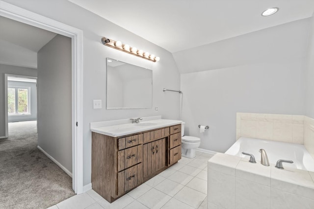 15285 State St, South Holland, IL 60473 - bathroom featuring vanity, a bath, vaulted ceiling, toilet, and tile patterned floors
