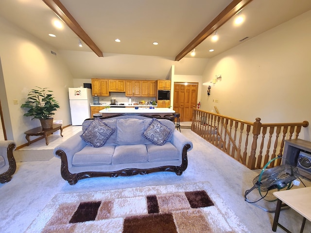15285 State St, South Holland, IL 60473 - living area featuring light colored carpet, beam ceiling, and recessed lighting