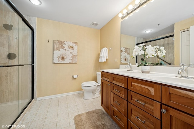 541 N Hough St Unit 205, Barrington, IL 60010 - bathroom featuring double vanity, wallpapered walls, an enclosed shower, and tile patterned flooring