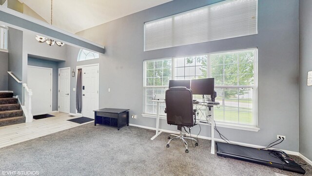 412 Joshua Tree, Harvard, IL 60033 - home office with a chandelier, high vaulted ceiling, carpet floors, and baseboards