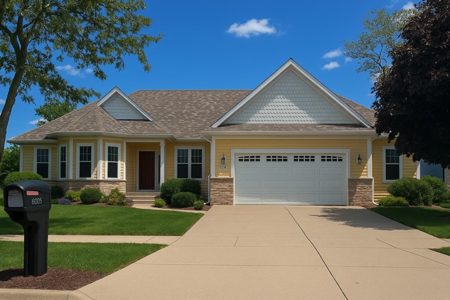 606 Schomer Rd, Aurora, IL 60505 - view of front of house with an attached garage, concrete driveway, a front lawn, and stone siding