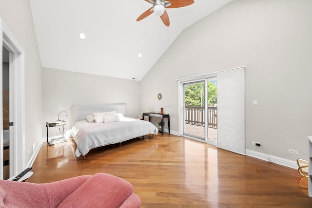 6205 W Grace St, Chicago, IL 60634 - bedroom featuring access to exterior, high vaulted ceiling, wood finished floors, baseboards, and recessed lighting
