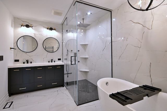 3548 Grandmore Ave, Gurnee, IL 60031 - full bath featuring tile walls, marble tiled flooring, a marble finish shower, double vanity, and a soaking tub