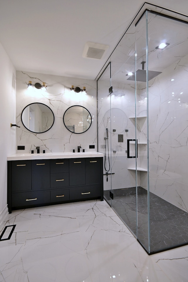 3548 Grandmore Ave, Gurnee, IL 60031 - full bathroom featuring marble tiled flooring, a marble finish shower, and double vanity