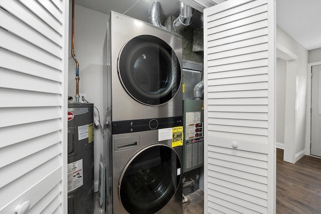 1326 N Poplar Ave, Round Lake Beach, IL 60073 - washroom featuring electric water heater, stacked washer / drying machine, and wood finished floors