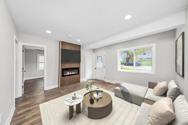 1326 N Poplar Ave, Round Lake Beach, IL 60073 - living room with dark wood-style flooring, recessed lighting, a fireplace, and radiator