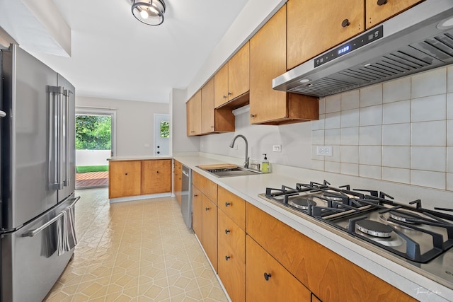 314 Oak Ave, Westmont, IL 60559 - kitchen featuring stainless steel appliances, under cabinet range hood, light countertops, backsplash, and light tile patterned flooring