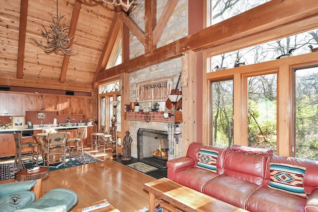 4776A W State Route 102, Bourbonnais, IL 60914 - living area featuring high vaulted ceiling, wood finished floors, plenty of natural light, a stone fireplace, and a wooden ceiling with exposed beams