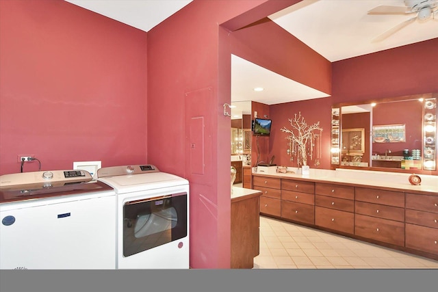 4776A W State Route 102, Bourbonnais, IL 60914 - laundry room featuring washing machine and clothes dryer, ceiling fan, and light tile patterned floors