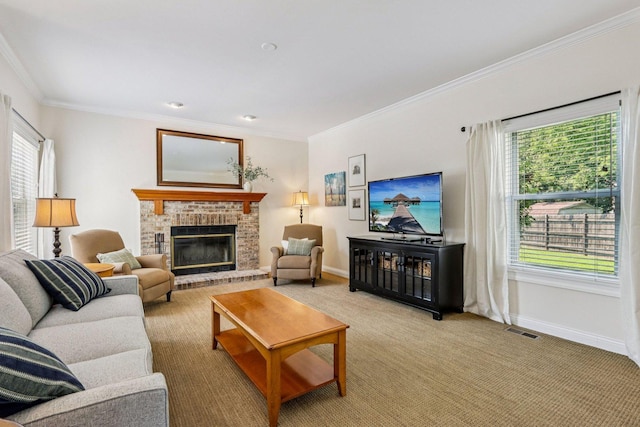 63 E Cambridge Ct, Grayslake, IL 60030 - living area featuring light colored carpet, ornamental molding, and a brick fireplace