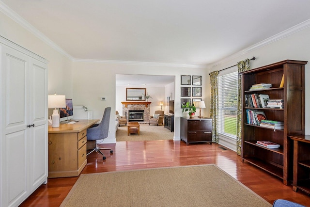 63 E Cambridge Ct, Grayslake, IL 60030 - office with crown molding, a glass covered fireplace, and wood finished floors