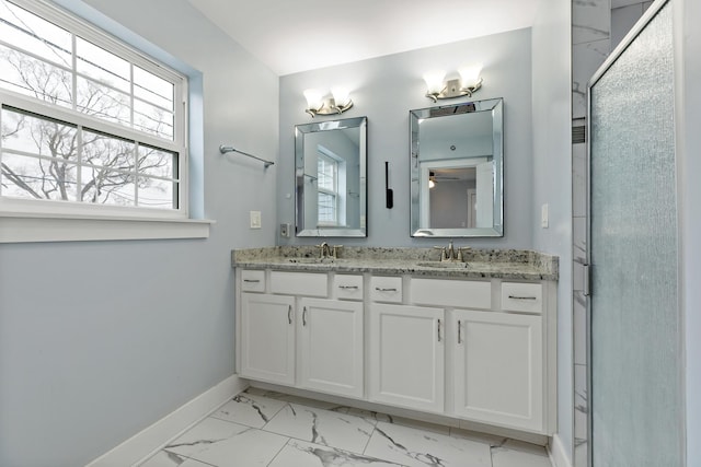 15256 State St, South Holland, IL 60473 - full bathroom with baseboards, double vanity, marble look tile flooring, ceiling fan, and a shower with door