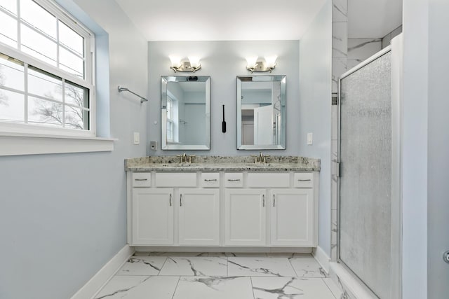 15256 State St, South Holland, IL 60473 - bathroom featuring marble finish flooring, baseboards, double vanity, and a stall shower