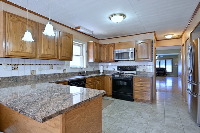 4937 N Sayre Ave, Chicago, IL 60656 - kitchen featuring black appliances, a sink, tasteful backsplash, brown cabinetry, and a peninsula