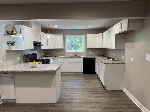 363 Indianwood Blvd, Park Forest, IL 60466 - kitchen featuring black appliances, under cabinet range hood, white cabinets, a peninsula, and recessed lighting