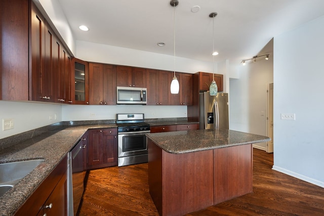 4800 S St Lawrence Ave Unit 3S, Chicago, IL 60615 - kitchen with stainless steel appliances, a center island, pendant lighting, glass insert cabinets, and dark wood-type flooring