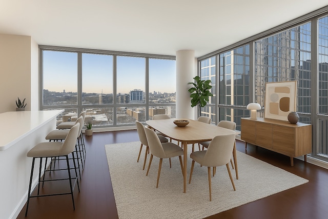 123 S Green St Unit 1101B, Chicago, IL 60607 - dining room featuring floor to ceiling windows, dark wood-type flooring, and a city view