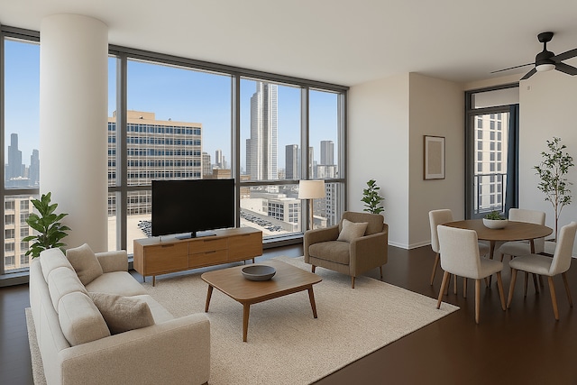 123 S Green St Unit 1101B, Chicago, IL 60607 - living room with a wall of windows, ceiling fan, healthy amount of natural light, wood finished floors, and baseboards