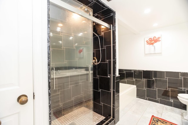 2 S Atrium Way Unit 208, Elmhurst, IL 60126 - full bath with tile walls, a garden tub, a stall shower, and toilet