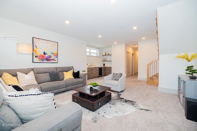 1221 E 46th St Unit 1, Chicago, IL 60653 - carpeted living area featuring recessed lighting, stairs, and beverage cooler