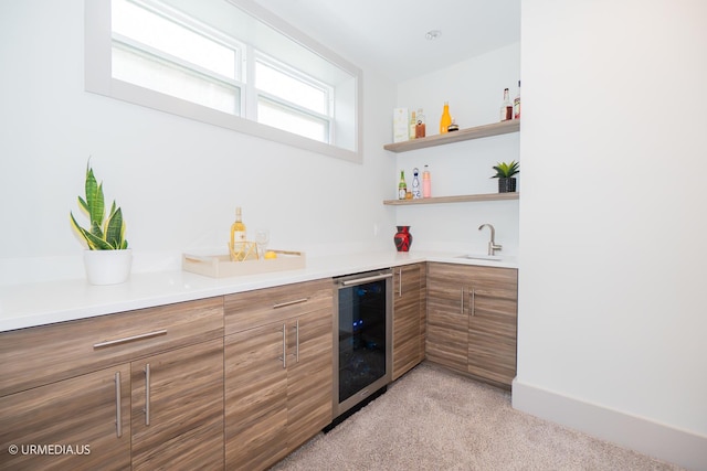 1221 E 46th St Unit 1, Chicago, IL 60653 - indoor wet bar featuring beverage cooler and light carpet