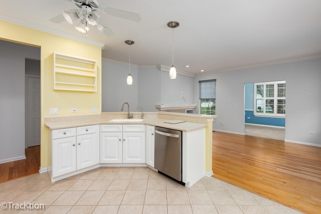 21319 Barth Pond Ln, Crest Hill, IL 60403 - kitchen featuring dishwasher, a sink, a peninsula, light countertops, and ornamental molding