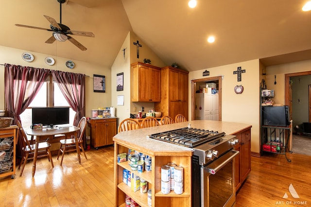 17207 Chase Rd, Dekalb, IL 60115 - kitchen with high end stainless steel range, light wood finished floors, ceiling fan, lofted ceiling, and a center island