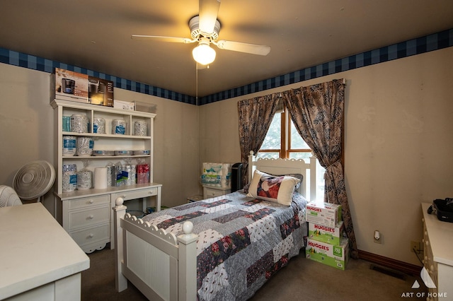 17207 Chase Rd, Dekalb, IL 60115 - bedroom with dark carpet, ceiling fan, and baseboards
