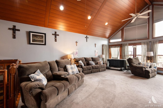 17207 Chase Rd, Dekalb, IL 60115 - carpeted living area with ceiling fan, wooden ceiling, high vaulted ceiling, and recessed lighting