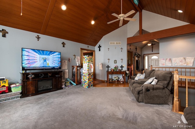17207 Chase Rd, Dekalb, IL 60115 - living room featuring high vaulted ceiling, carpet floors, a ceiling fan, wooden ceiling with exposed beams, and recessed lighting