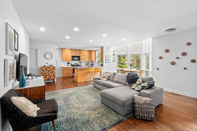 5510 S Cornell Ave Unit E, Chicago, IL 60637 - living area featuring dark wood finished floors, recessed lighting, and baseboards