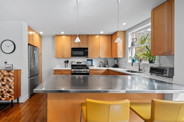 5510 S Cornell Ave Unit E, Chicago, IL 60637 - kitchen featuring stainless steel countertops, stainless steel appliances, a sink, dark wood-type flooring, and recessed lighting