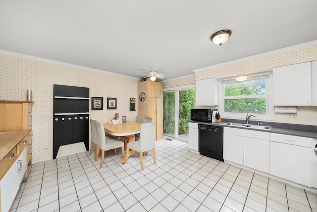 1553 Brandywyn Ct N, Buffalo Grove, IL 60089 - kitchen with black appliances, ornamental molding, a sink, plenty of natural light, and white cabinetry