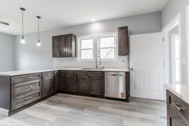 196 Southgate Ave, Chicago Heights, IL 60411 - kitchen with stainless steel dishwasher, a sink, a peninsula, dark brown cabinetry, and tasteful backsplash