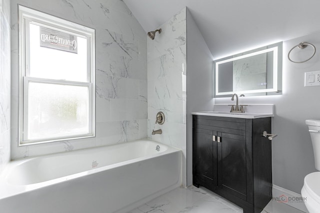 196 Southgate Ave, Chicago Heights, IL 60411 - full bathroom with toilet, vanity, vaulted ceiling, washtub / shower combination, and baseboards