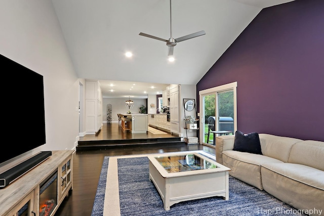 1116 Stonegate Ct, Bartlett, IL 60103 - living area featuring high vaulted ceiling, dark wood-style floors, a ceiling fan, recessed lighting, and a chandelier