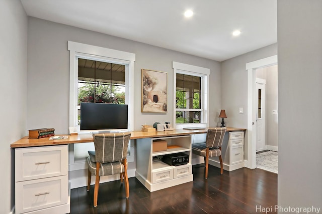 1116 Stonegate Ct, Bartlett, IL 60103 - office area with dark wood finished floors, recessed lighting, plenty of natural light, built in study area, and baseboards