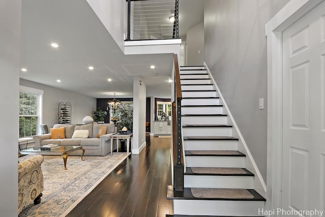 1116 Stonegate Ct, Bartlett, IL 60103 - stairs featuring wood-type flooring, recessed lighting, baseboards, and a chandelier