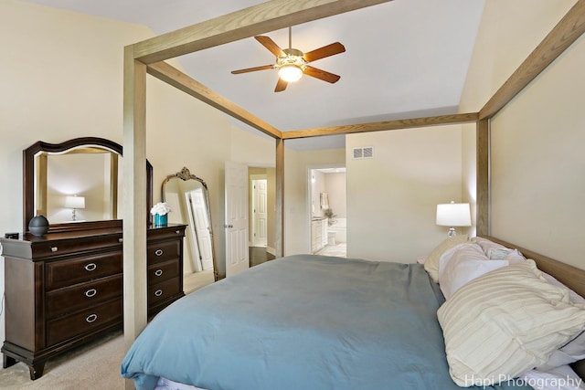 1116 Stonegate Ct, Bartlett, IL 60103 - bedroom with vaulted ceiling, light colored carpet, ensuite bath, and ceiling fan