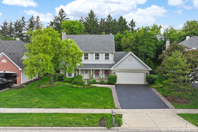 1116 Stonegate Ct, Bartlett, IL 60103 - traditional-style home featuring a garage, asphalt driveway, a front lawn, a shingled roof, and a chimney