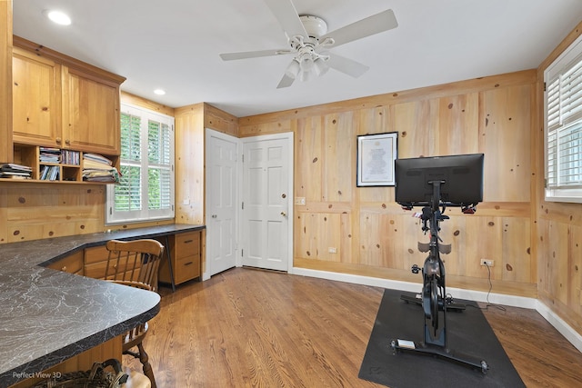110 Inverway, Inverness, IL 60067 - exercise area with wood finished floors, wooden walls, ceiling fan, and recessed lighting
