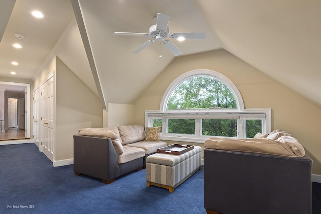 110 Inverway, Inverness, IL 60067 - living room featuring dark colored carpet, lofted ceiling, recessed lighting, a ceiling fan, and baseboards