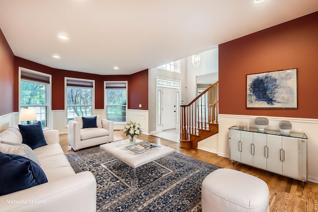 830 W Lukas Ave, Palatine, IL 60067 - living area with wainscoting, wood finished floors, stairs, and recessed lighting