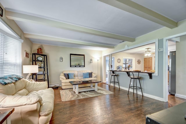 12599 S Archer Ave, Lemont, IL 60439 - living room with beamed ceiling, dark wood-style floors, baseboards, and ceiling fan