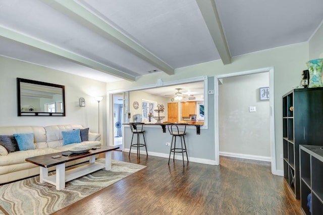 12599 S Archer Ave, Lemont, IL 60439 - living room with beam ceiling, dark wood-style flooring, ceiling fan, and baseboards