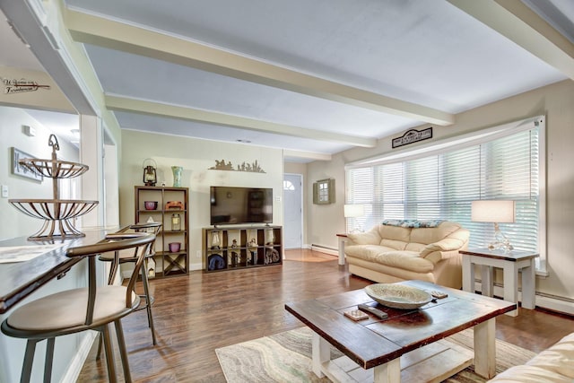 12599 S Archer Ave, Lemont, IL 60439 - living room featuring beamed ceiling, a baseboard radiator, wood finished floors, and baseboards