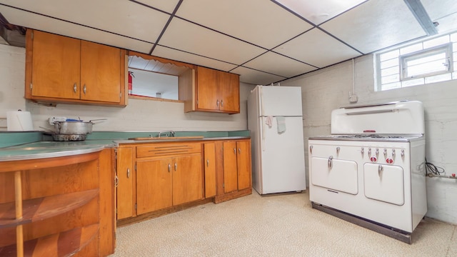 13122 S Escanaba Ave, Chicago, IL 60633 - kitchen with freestanding refrigerator, a paneled ceiling, stove, brown cabinets, and open shelves