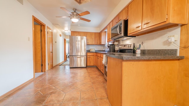 13122 S Escanaba Ave, Chicago, IL 60633 - kitchen with stainless steel appliances, dark countertops, ceiling fan, brown cabinets, and baseboards
