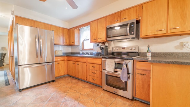 13122 S Escanaba Ave, Chicago, IL 60633 - kitchen with appliances with stainless steel finishes, dark countertops, a sink, and ceiling fan