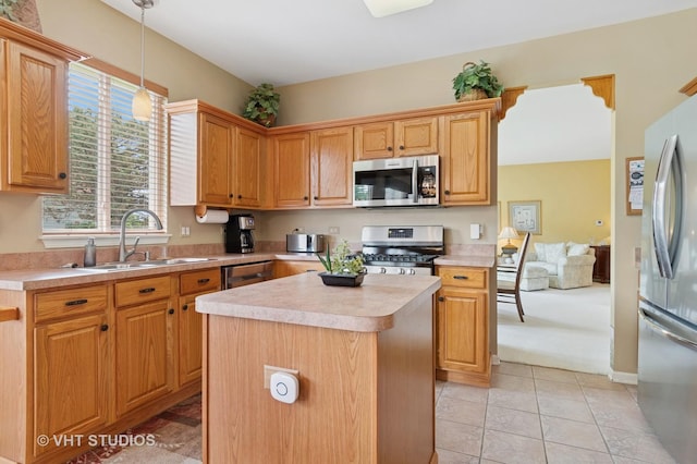 21513 W Douglas Ln, Plainfield, IL 60544 - kitchen featuring appliances with stainless steel finishes, light countertops, light carpet, hanging light fixtures, and a center island